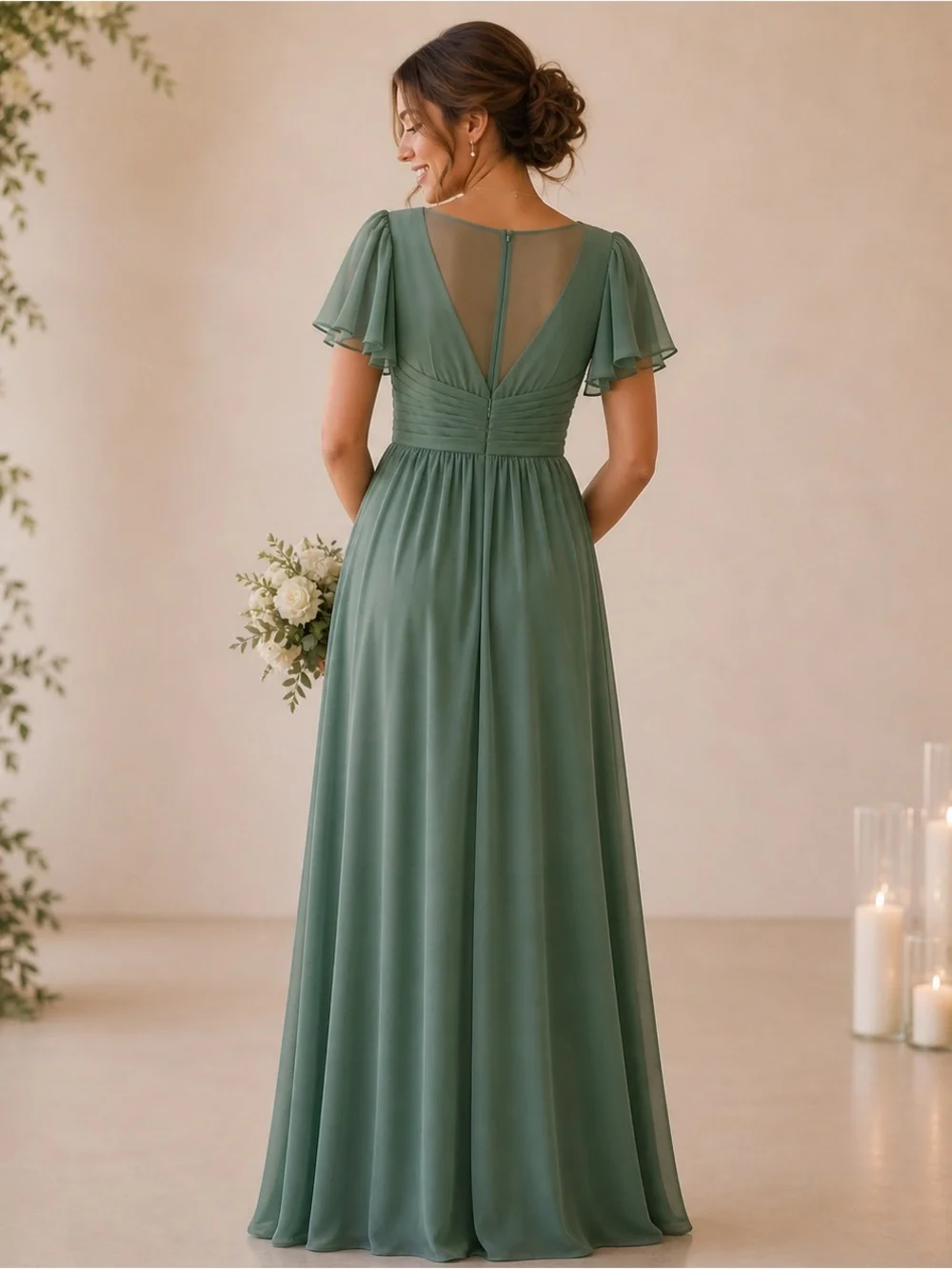 NWT Azazie Sage Green V-Neck Flutter Sleeve Maxi Dress bridesmaid formal gown A8 - Picture 2 of 14